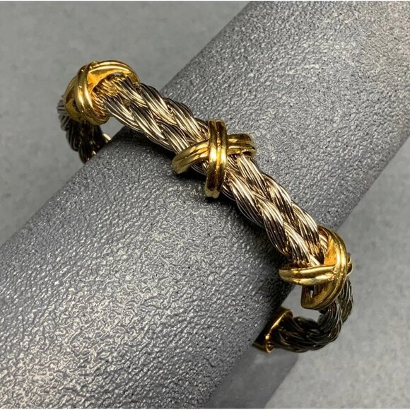 Open Cuff Rope Bracelet 2.5 In Gold Silver Crisscross Retro Vintage Classic Chic - Picture 1 of 3